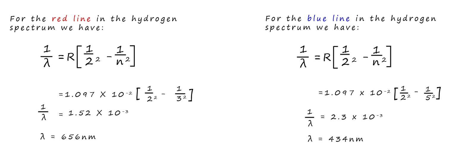 Image to show how to calculate the wavelength of light using the Rydberg equation